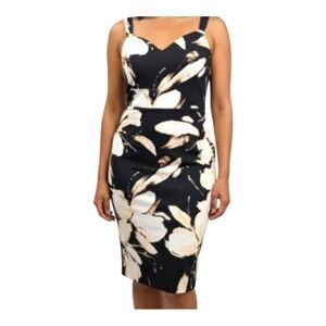 Floral Midi Summer Wedding Guest Dress Black White Beige Flower Bodycon Size 16